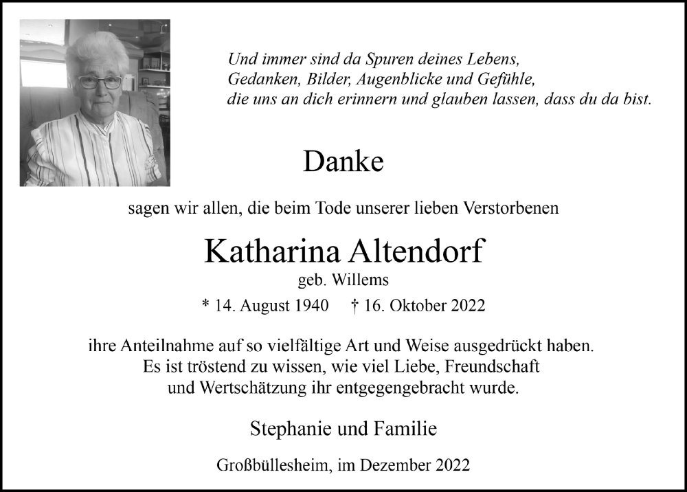  Traueranzeige für Katharina Altendorf vom 03.12.2022 aus  Blickpunkt Euskirchen 