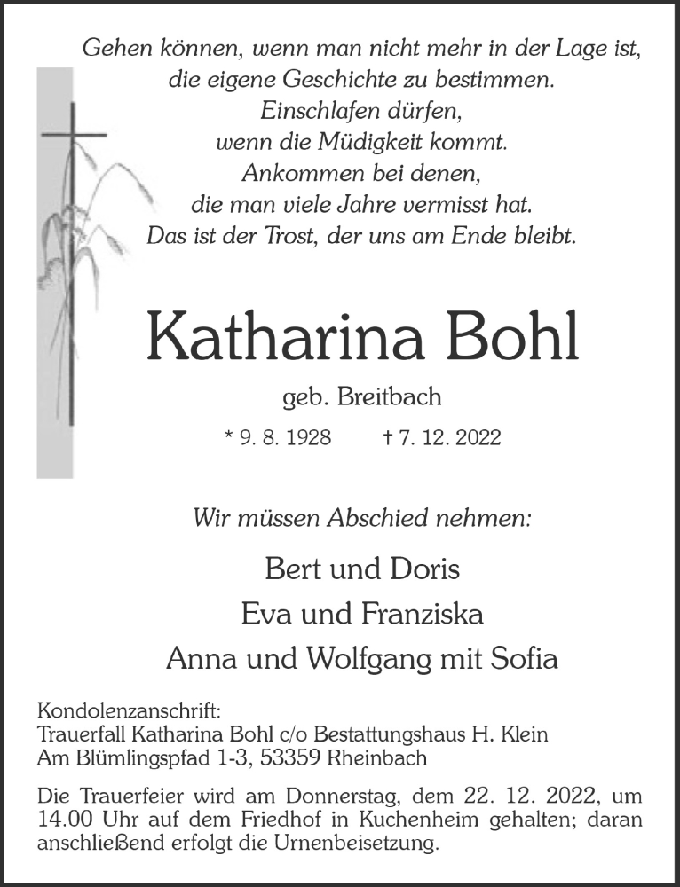  Traueranzeige für Katharina Bohl vom 17.12.2022 aus  Schaufenster/Blickpunkt 