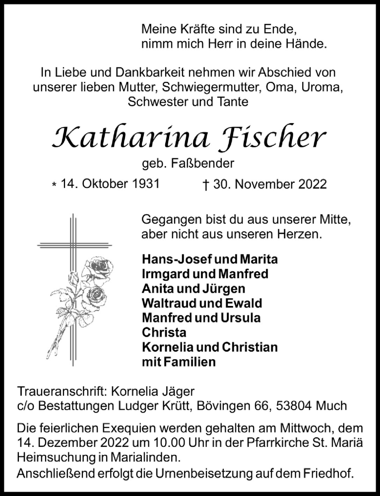  Traueranzeige für Katharina Fischer vom 09.12.2022 aus  Bergisches Handelsblatt 