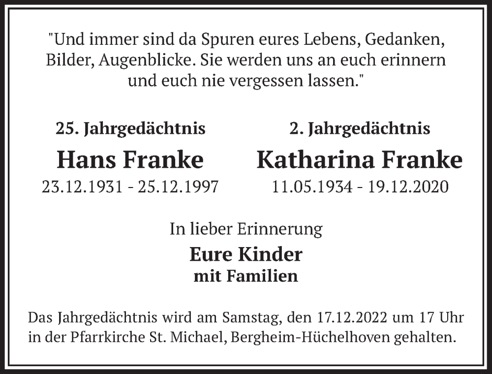  Traueranzeige für Katharina Franke vom 16.12.2022 aus  Werbepost 