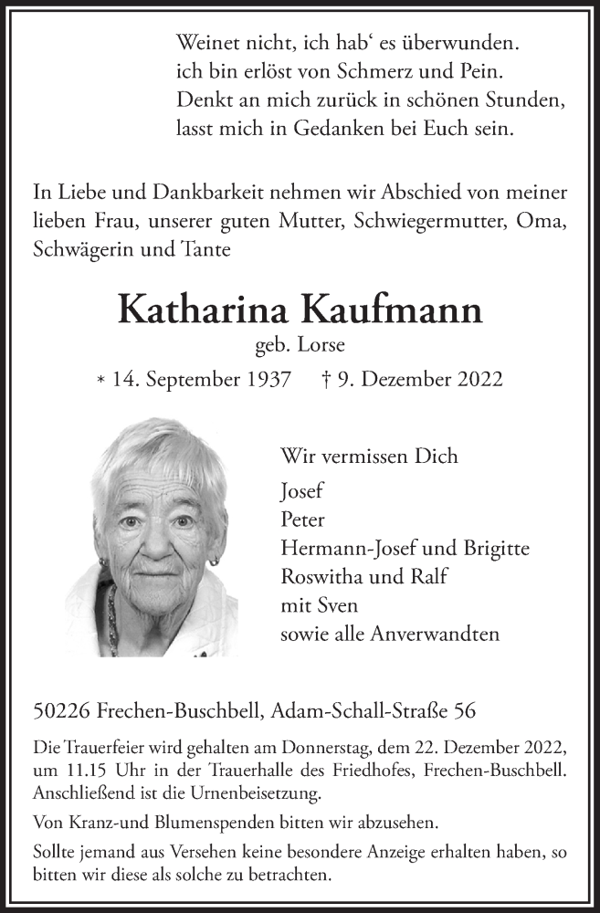 Traueranzeige für Katharina Kaufmann vom 16.12.2022 aus  Wochenende 