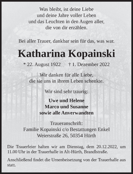 Anzeige von Katharina Kopainski von  Wochenende 