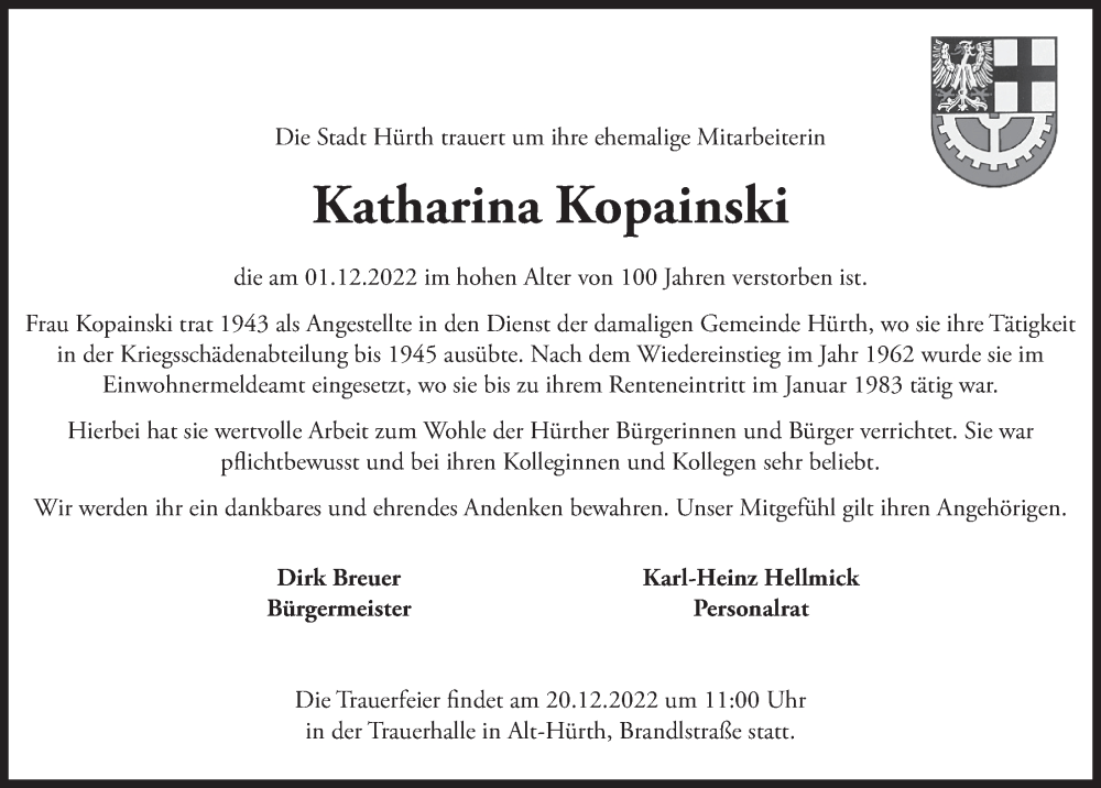  Traueranzeige für Katharina Kopainski vom 16.12.2022 aus  Wochenende 