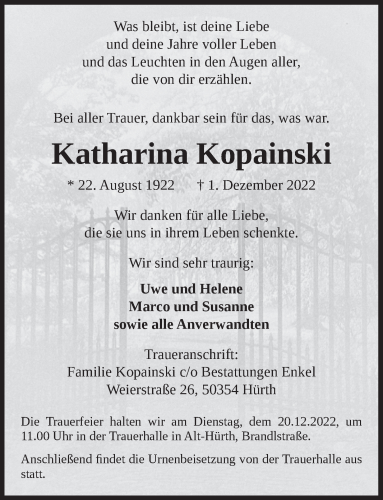  Traueranzeige für Katharina Kopainski vom 09.12.2022 aus  Wochenende 