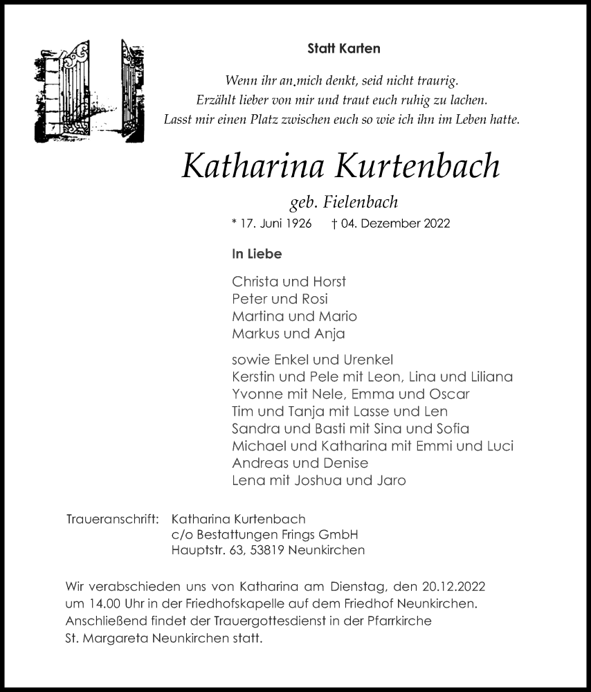  Traueranzeige für Katharina Kurtenbach vom 10.12.2022 aus Kölner Stadt-Anzeiger / Kölnische Rundschau / Express