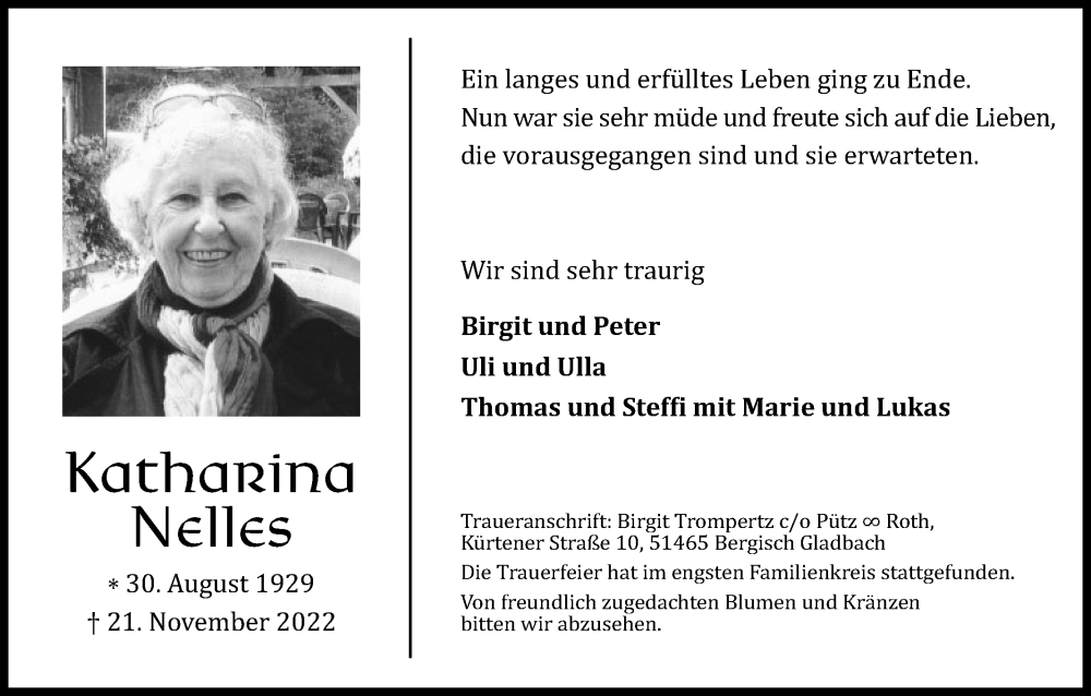  Traueranzeige für Katharina Nelles vom 03.12.2022 aus Kölner Stadt-Anzeiger / Kölnische Rundschau / Express