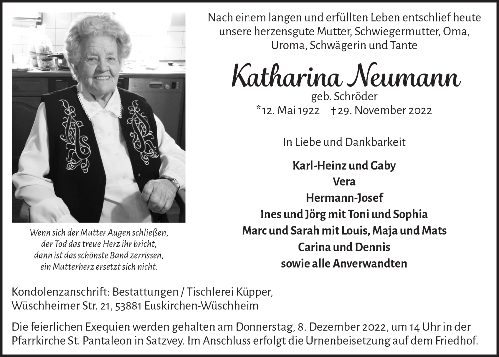  Traueranzeige für Katharina Neumann vom 03.12.2022 aus  Blickpunkt Euskirchen 