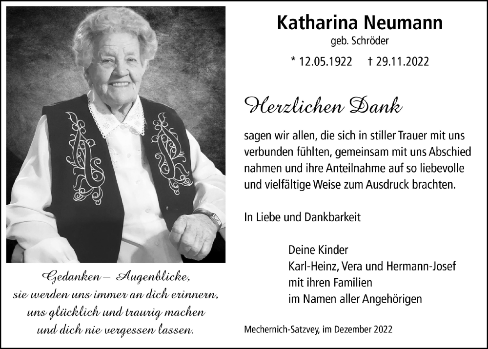  Traueranzeige für Katharina Neumann vom 23.12.2022 aus  Blickpunkt Euskirchen 