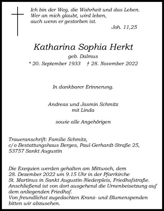 Anzeige von Katharina Sophia Herkt von Kölner Stadt-Anzeiger / Kölnische Rundschau / Express