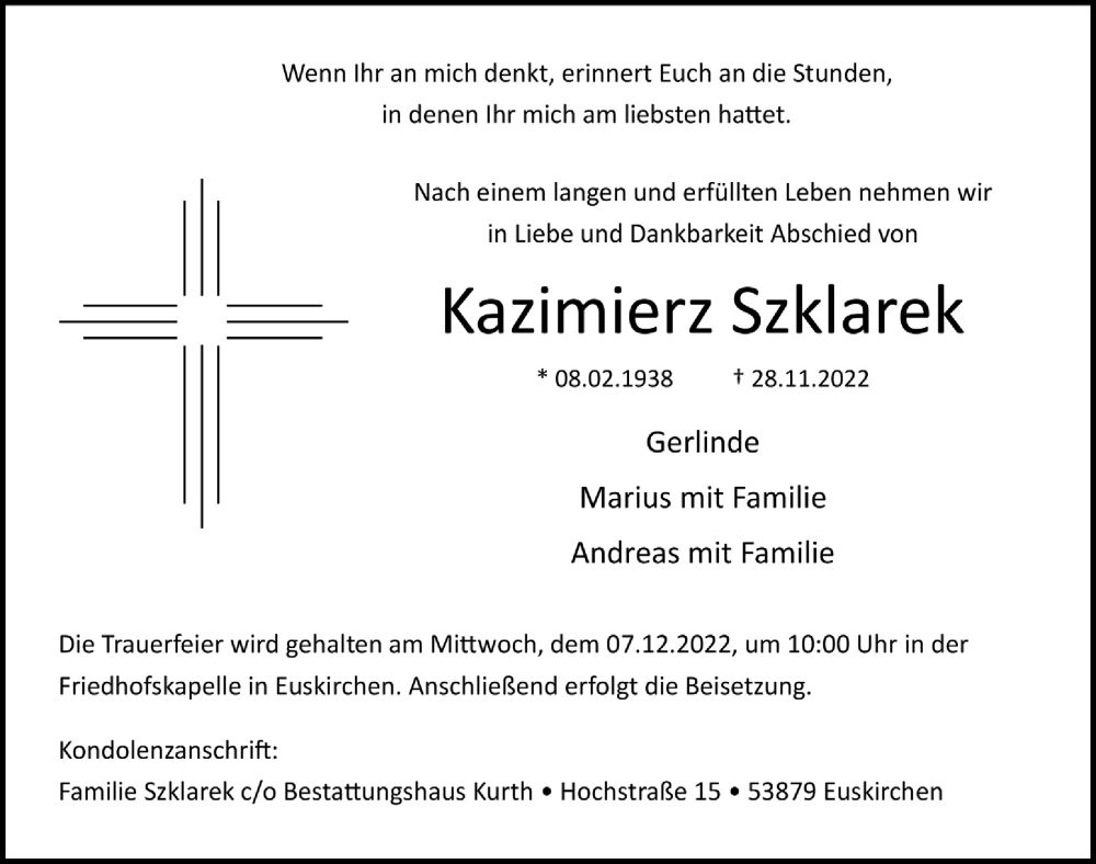  Traueranzeige für Kazimierz Szklarek vom 03.12.2022 aus  Blickpunkt Euskirchen 