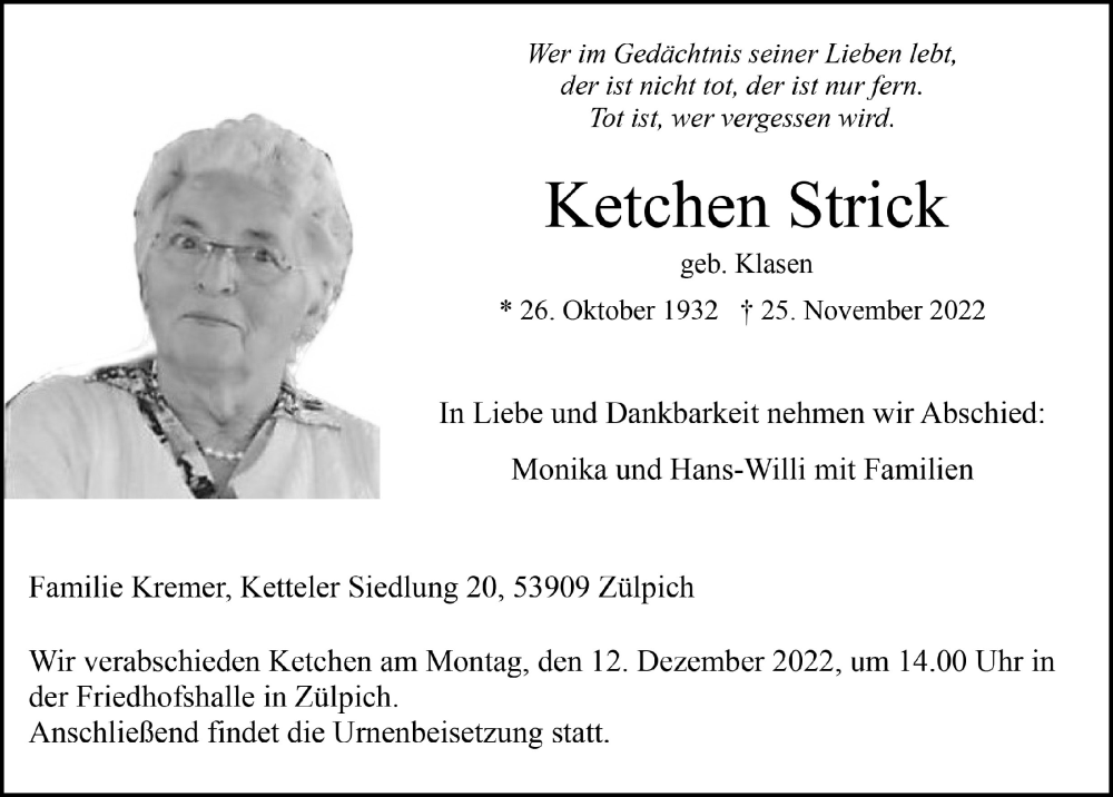  Traueranzeige für Ketchen Strick vom 03.12.2022 aus  Blickpunkt Euskirchen 