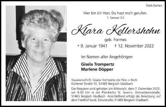 Anzeige von Klara Kellershohn von  Bergisches Handelsblatt 