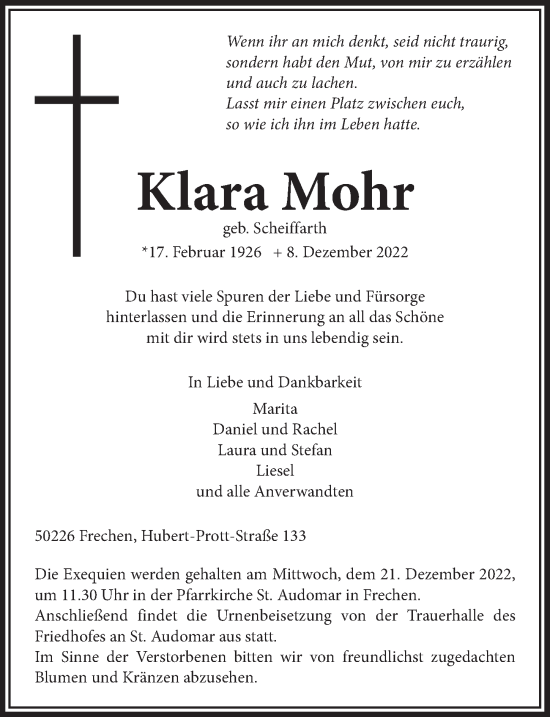 Anzeige von Klara Mohr von  Wochenende 