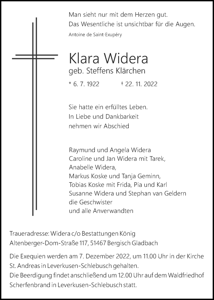  Traueranzeige für Klara Widera vom 03.12.2022 aus Kölner Stadt-Anzeiger / Kölnische Rundschau / Express