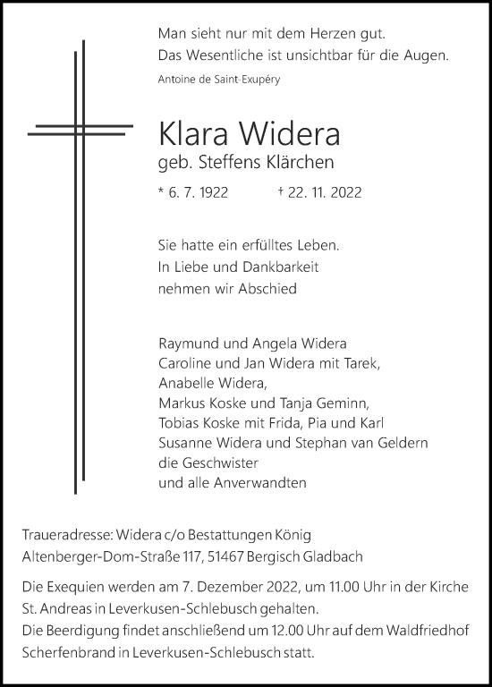 Anzeige von Klara Widera von Kölner Stadt-Anzeiger / Kölnische Rundschau / Express