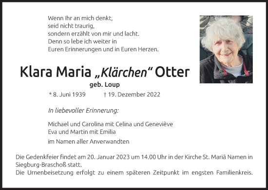 Anzeige von Klara Maria Otter von Kölner Stadt-Anzeiger / Kölnische Rundschau / Express