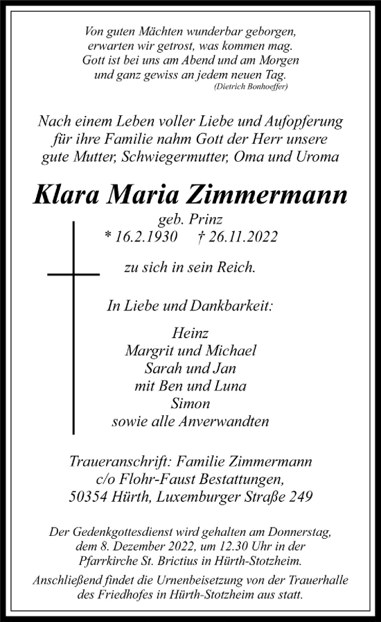 Anzeige von Klara Maria Zimmermann von  Wochenende 