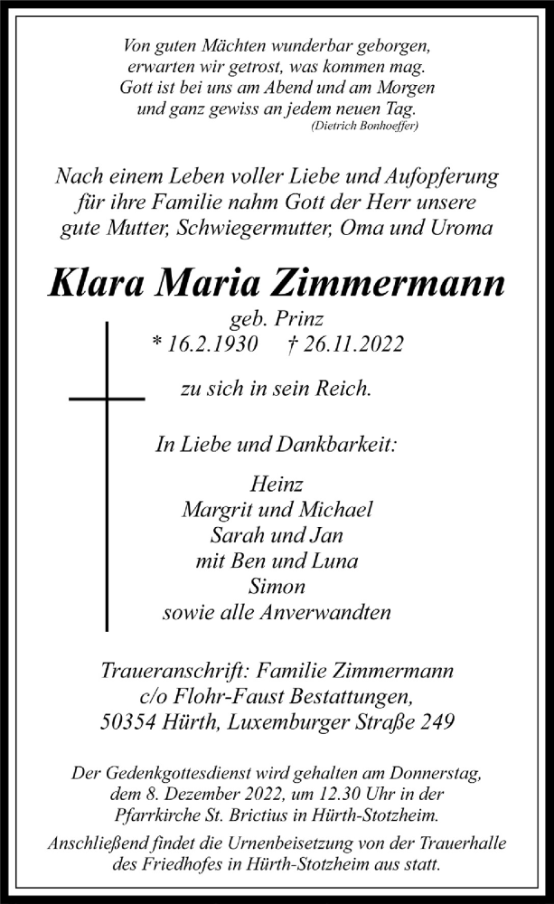  Traueranzeige für Klara Maria Zimmermann vom 02.12.2022 aus  Wochenende 