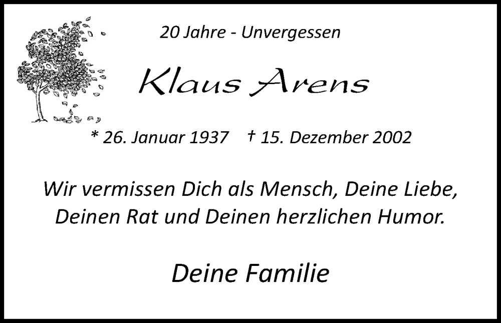  Traueranzeige für Klaus Arens vom 17.12.2022 aus Kölner Stadt-Anzeiger / Kölnische Rundschau / Express