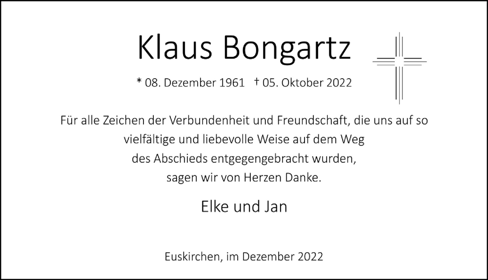  Traueranzeige für Klaus Bongartz vom 03.12.2022 aus  Blickpunkt Euskirchen 
