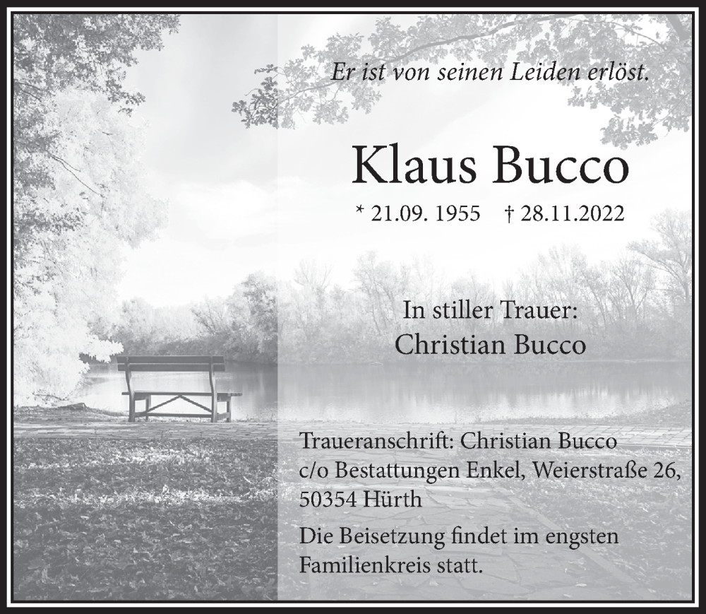  Traueranzeige für Klaus Bucco vom 02.12.2022 aus  Wochenende 