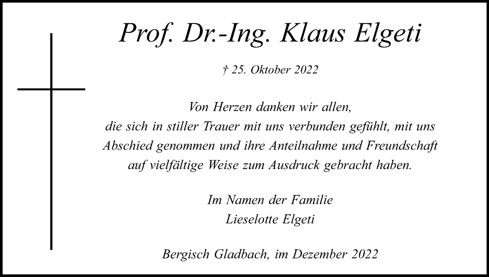  Traueranzeige für Klaus Elgeti vom 10.12.2022 aus Kölner Stadt-Anzeiger / Kölnische Rundschau / Express