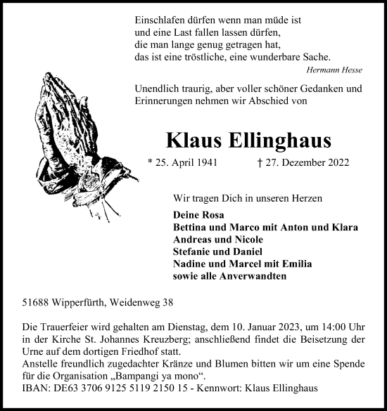 Anzeige von Klaus Ellinghaus von Kölner Stadt-Anzeiger / Kölnische Rundschau / Express