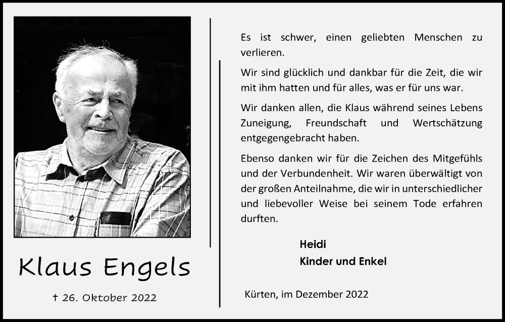  Traueranzeige für Klaus Engels vom 14.12.2022 aus Kölner Stadt-Anzeiger / Kölnische Rundschau / Express