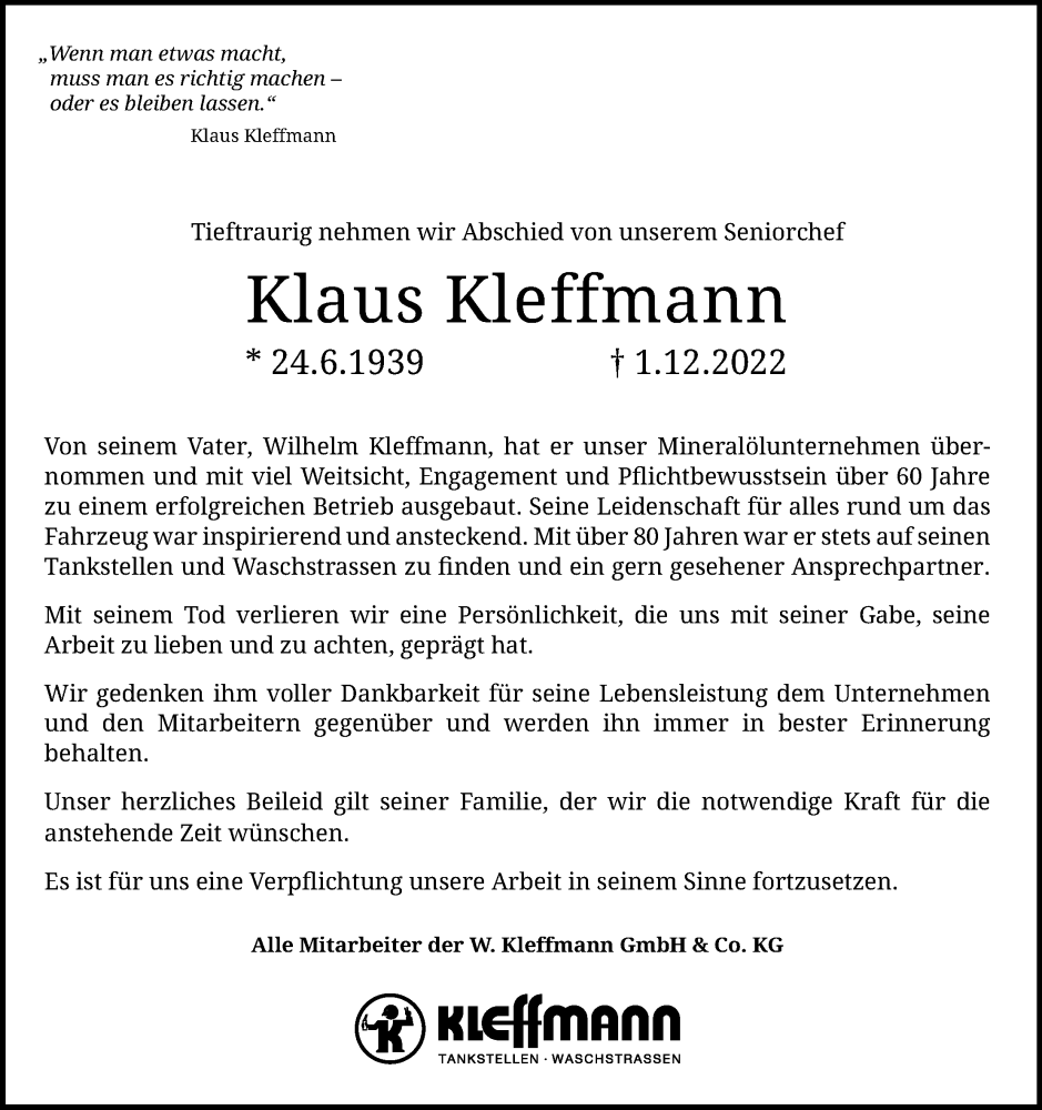  Traueranzeige für Klaus Kleffmann vom 10.12.2022 aus Kölner Stadt-Anzeiger / Kölnische Rundschau / Express