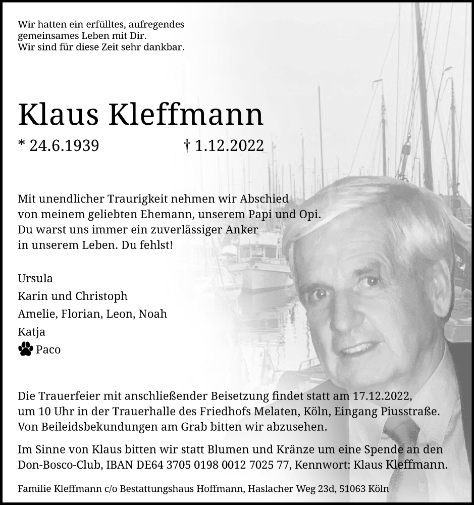  Traueranzeige für Klaus Kleffmann vom 10.12.2022 aus Kölner Stadt-Anzeiger / Kölnische Rundschau / Express