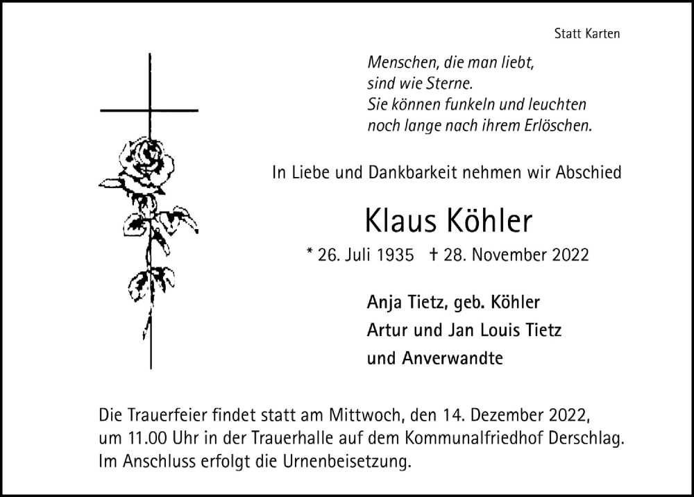  Traueranzeige für Klaus Köhler vom 09.12.2022 aus  Anzeigen Echo 