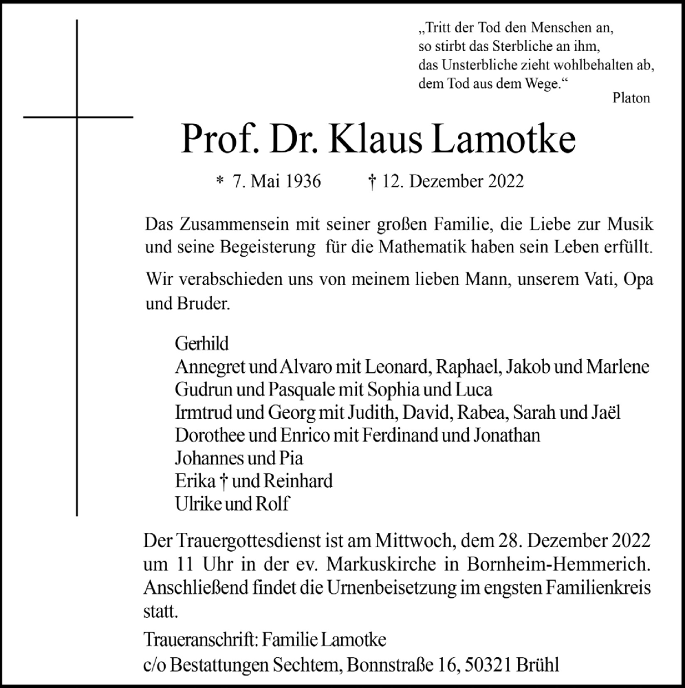  Traueranzeige für Klaus Lamotke vom 22.12.2022 aus  Schlossbote/Werbekurier 