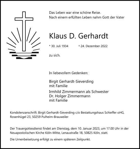 Anzeige von Klaus D. Gerhardt von Kölner Stadt-Anzeiger / Kölnische Rundschau / Express