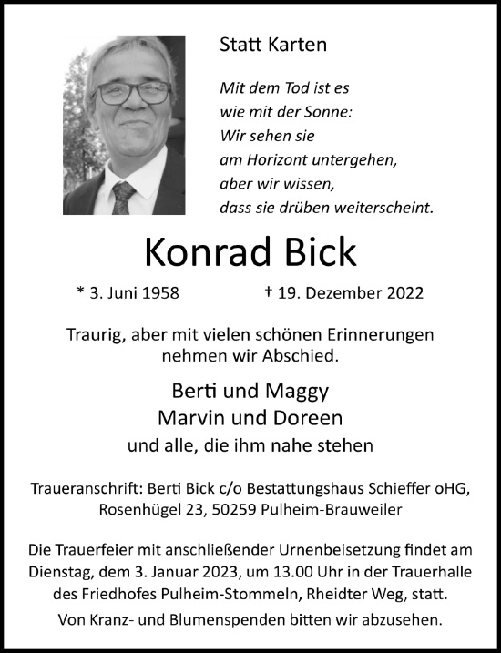 Anzeige von Konrad Bick von  Wochenende 