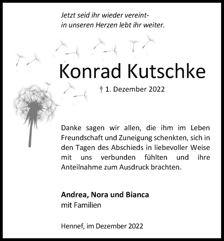  Traueranzeige für Konrad Kutschke vom 31.12.2022 aus Kölner Stadt-Anzeiger / Kölnische Rundschau / Express
