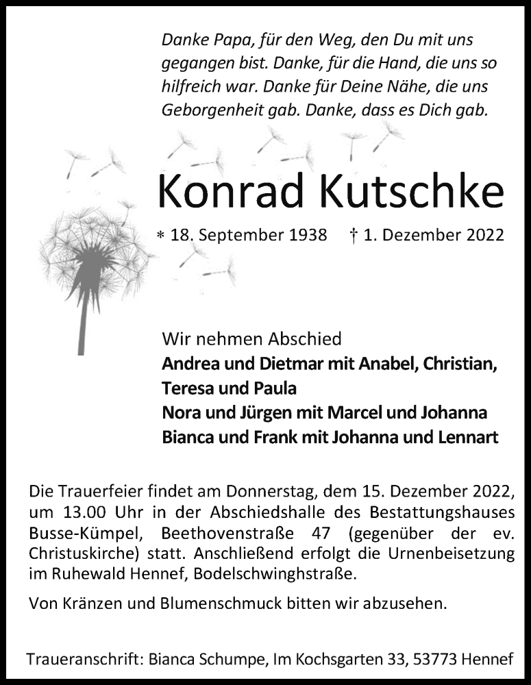  Traueranzeige für Konrad Kutschke vom 10.12.2022 aus Kölner Stadt-Anzeiger / Kölnische Rundschau / Express