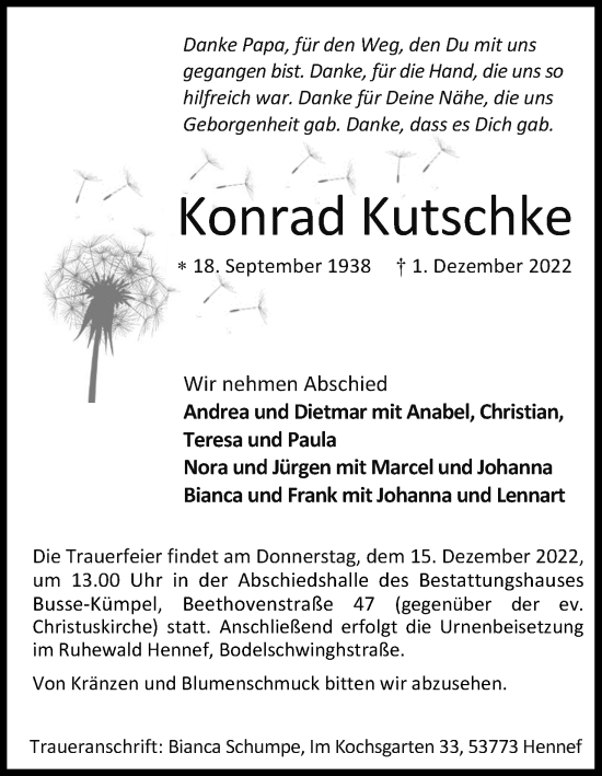 Anzeige von Konrad Kutschke von Kölner Stadt-Anzeiger / Kölnische Rundschau / Express