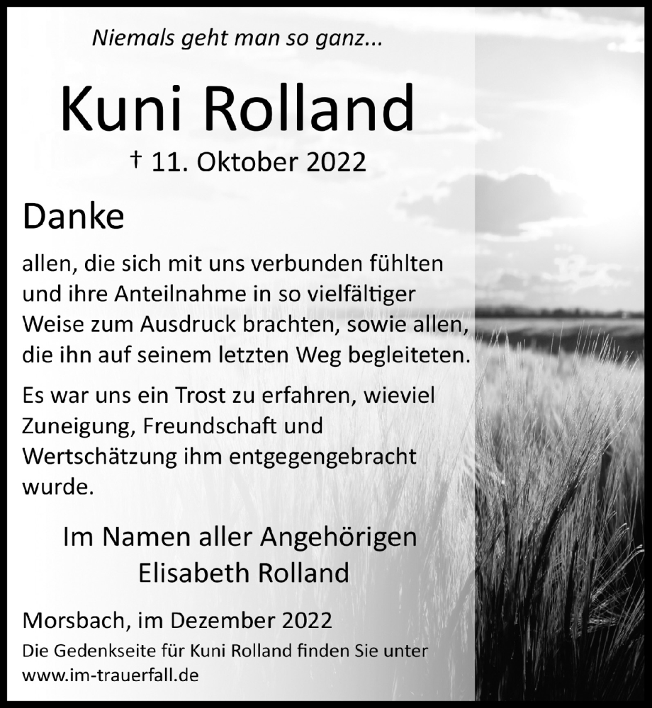  Traueranzeige für Kuni Rolland vom 09.12.2022 aus  Lokalanzeiger 