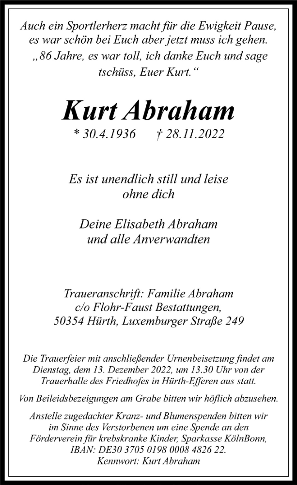  Traueranzeige für Kurt Abraham vom 09.12.2022 aus  Wochenende 
