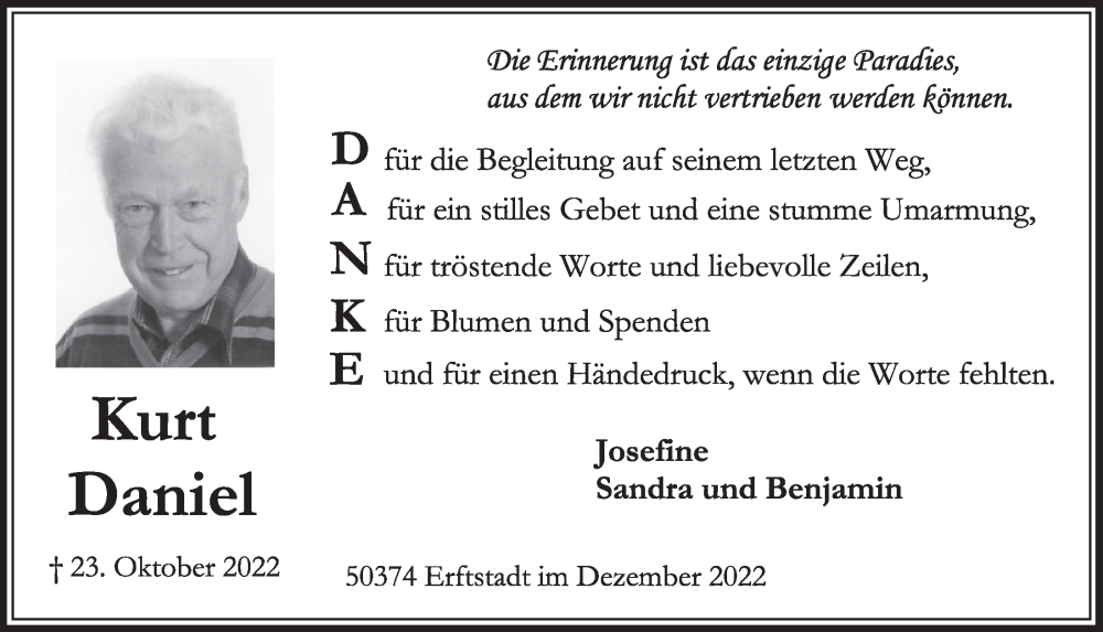  Traueranzeige für Kurt Daniel vom 02.12.2022 aus  Werbepost 