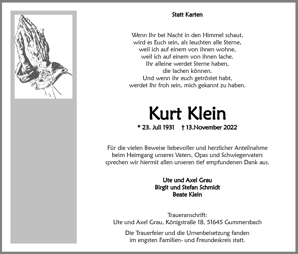  Traueranzeige für Kurt Klein vom 03.12.2022 aus Kölner Stadt-Anzeiger / Kölnische Rundschau / Express