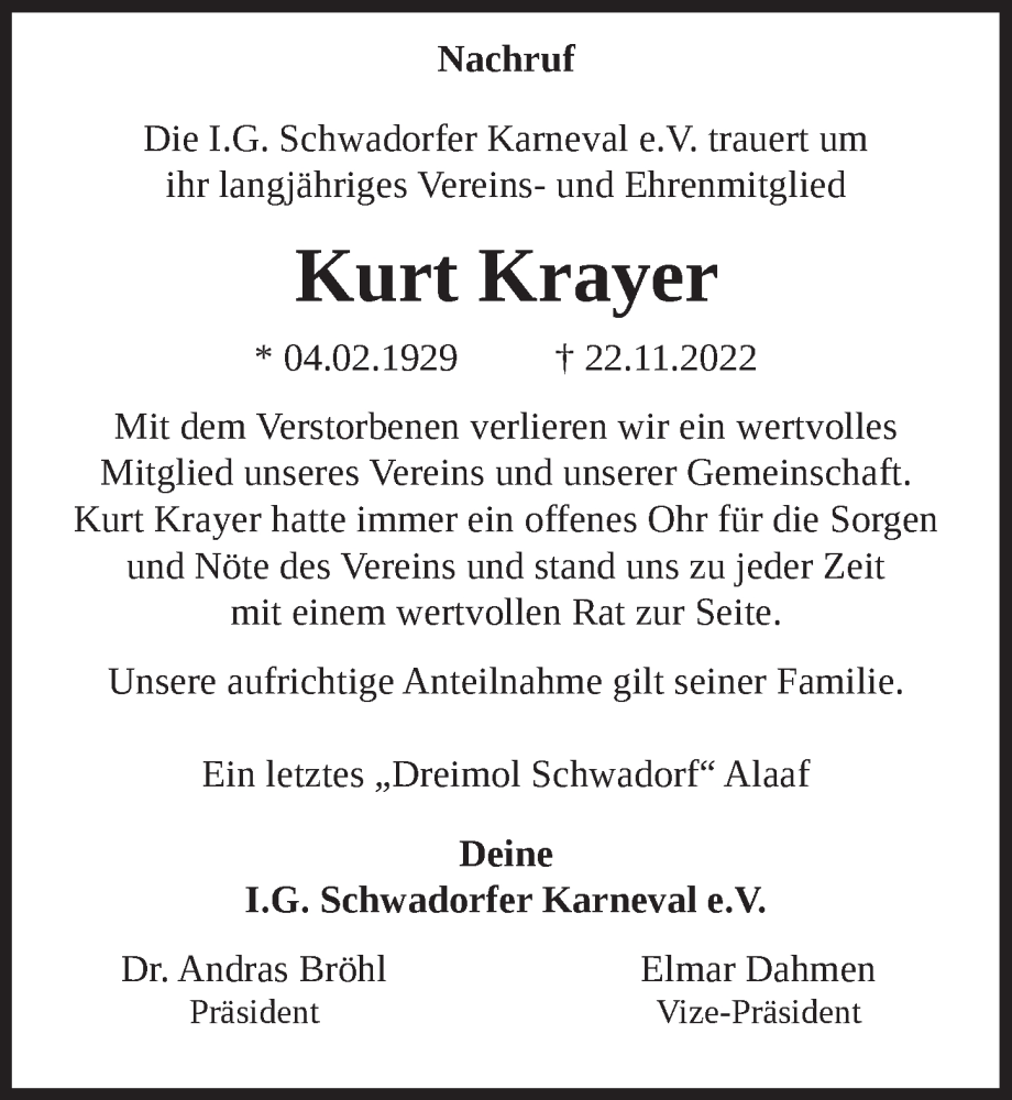  Traueranzeige für Kurt Krayer vom 09.12.2022 aus  Schlossbote/Werbekurier 