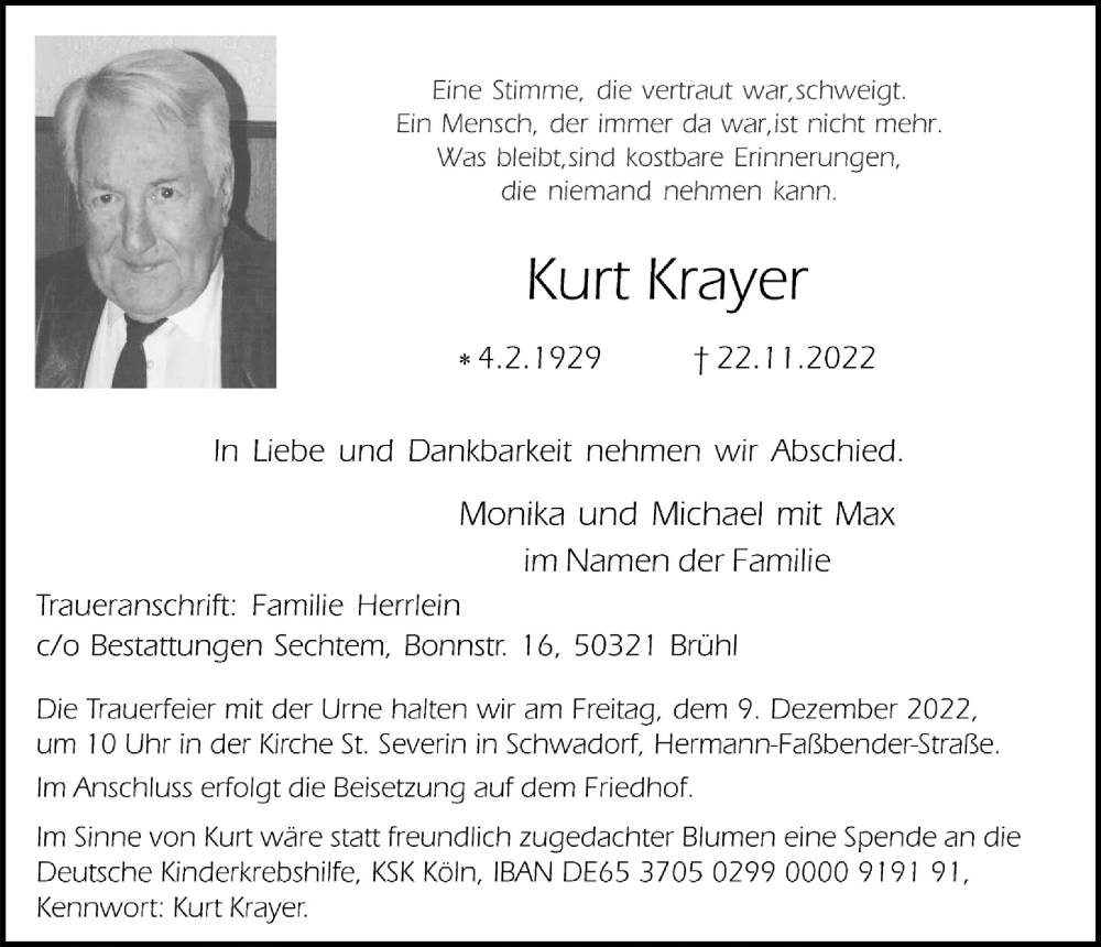  Traueranzeige für Kurt Krayer vom 02.12.2022 aus  Schlossbote/Werbekurier 