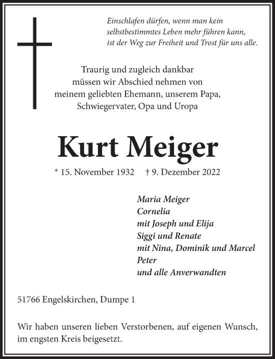 Anzeige von Kurt Meiger von  Anzeigen Echo  Lokalanzeiger 