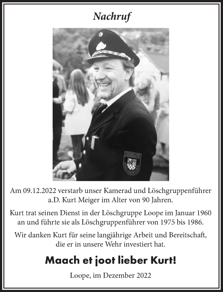  Traueranzeige für Kurt Meiger vom 29.12.2022 aus  Anzeigen Echo 