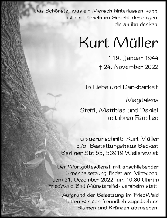 Anzeige von Kurt Müller von  Blickpunkt Euskirchen 
