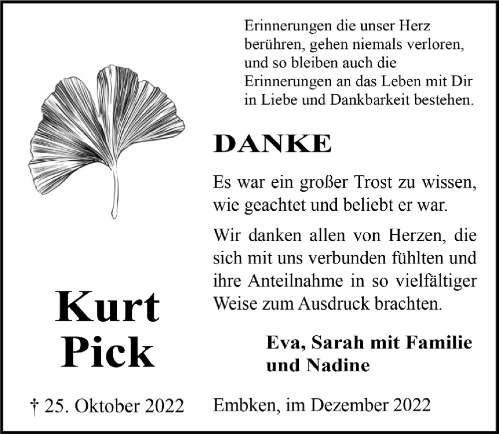  Traueranzeige für Kurt Pick vom 10.12.2022 aus  Blickpunkt Euskirchen 