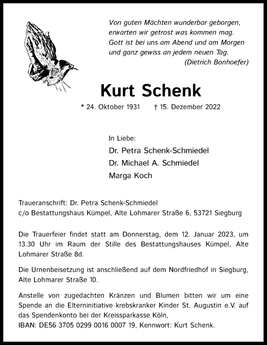 Anzeige von Kurt Schenk von Kölner Stadt-Anzeiger / Kölnische Rundschau / Express