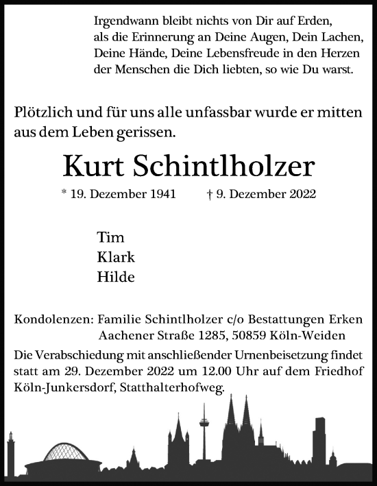 Anzeige von Kurt Schintlholzer von Kölner Stadt-Anzeiger / Kölnische Rundschau / Express