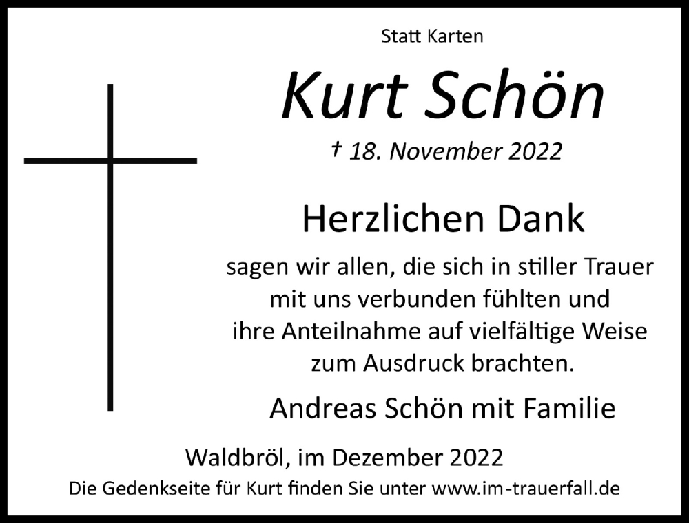  Traueranzeige für Kurt Schön vom 09.12.2022 aus  Lokalanzeiger 